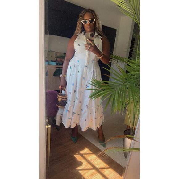 PRABAL GURUNG X RTR White Cotton Floral Embroidered Sleeveless Midi Dress 10 - Picture 1 of 16